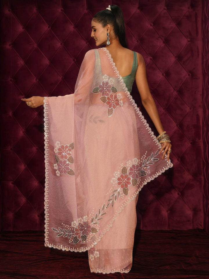 Libas Peach Floral Embellished Tissue Saree with Scalloped Border