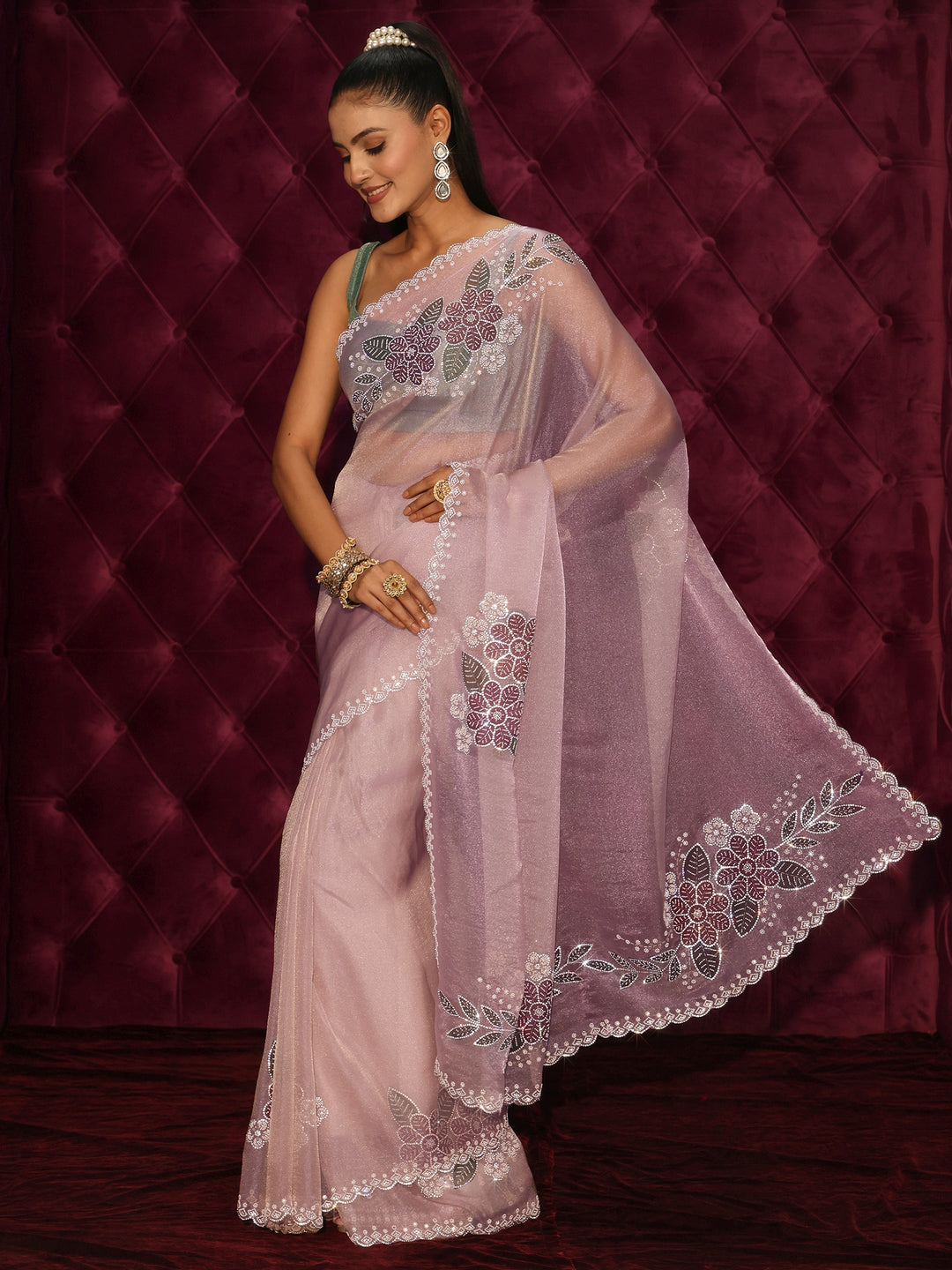 Libas Lavender Floral Embellished Tissue Saree with Scalloped Border