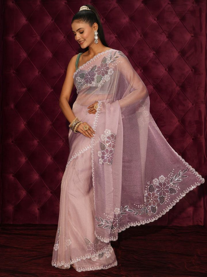Libas Lavender Floral Embellished Tissue Saree with Scalloped Border