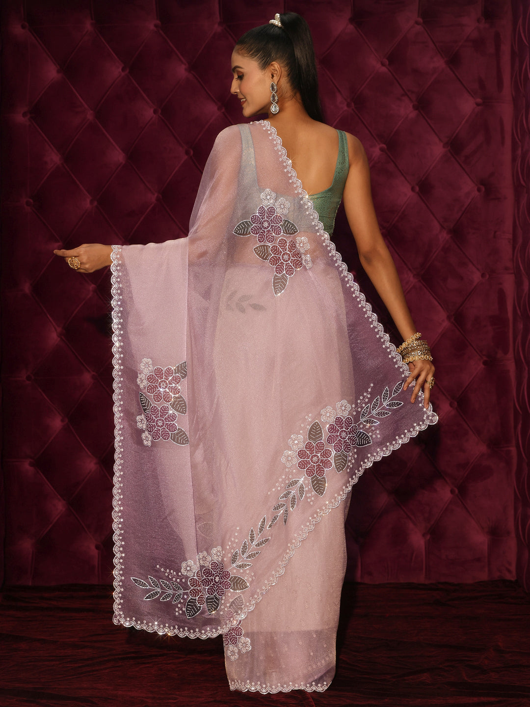 Libas Lavender Floral Embellished Tissue Saree with Scalloped Border