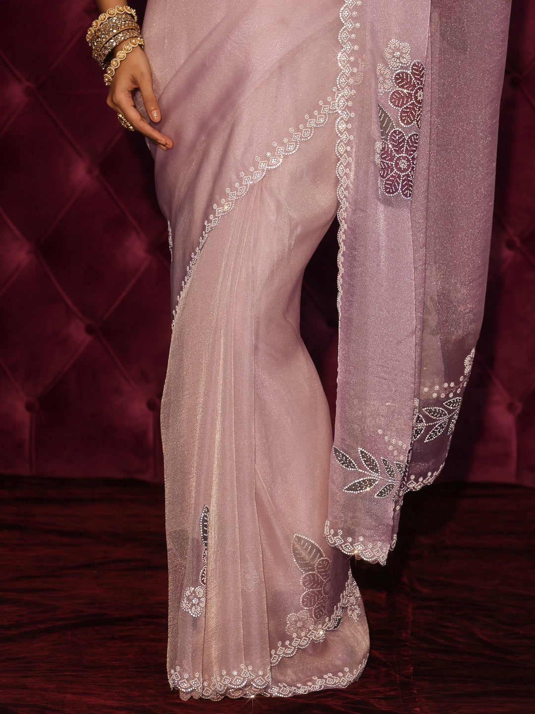 Libas Lavender Floral Embellished Tissue Saree with Scalloped Border