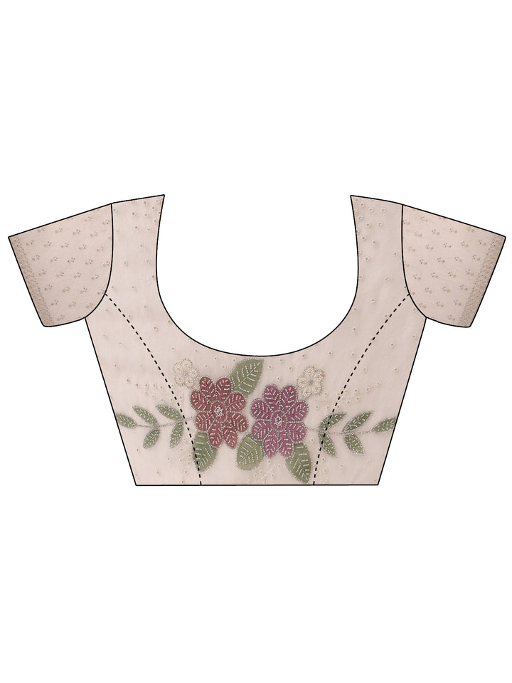 Libas Lavender Floral Embellished Tissue Saree with Scalloped Border