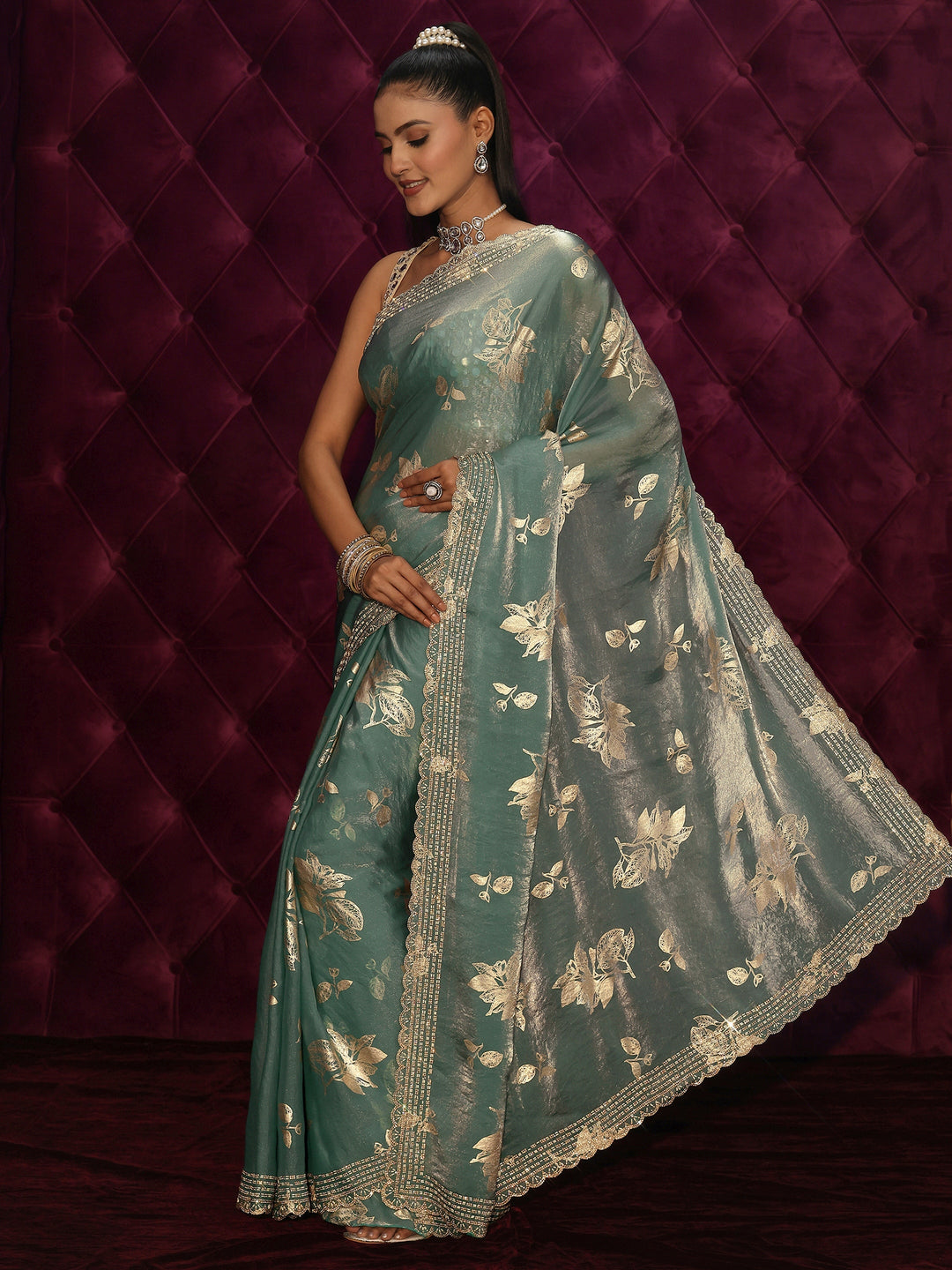 Libas Blue Floral Printed Tissue Saree with Embellished Scalloped Border