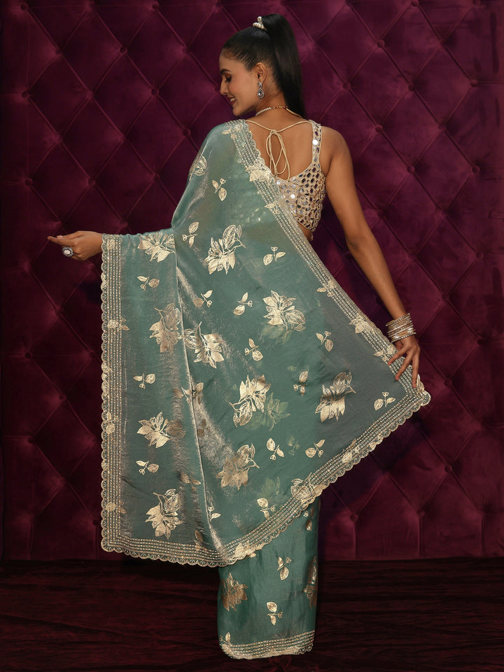 Libas Blue Floral Printed Tissue Saree with Embellished Scalloped Border
