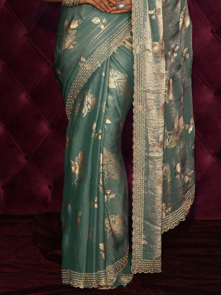 Libas Blue Floral Printed Tissue Saree with Embellished Scalloped Border