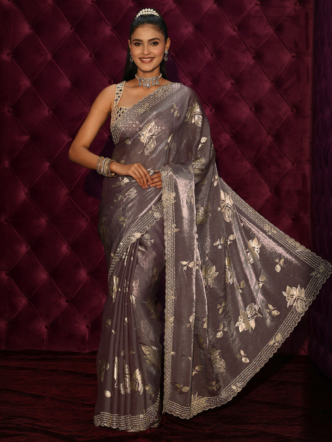 Libas Lavender Floral Printed Tissue Saree with Embellished Scalloped Border
