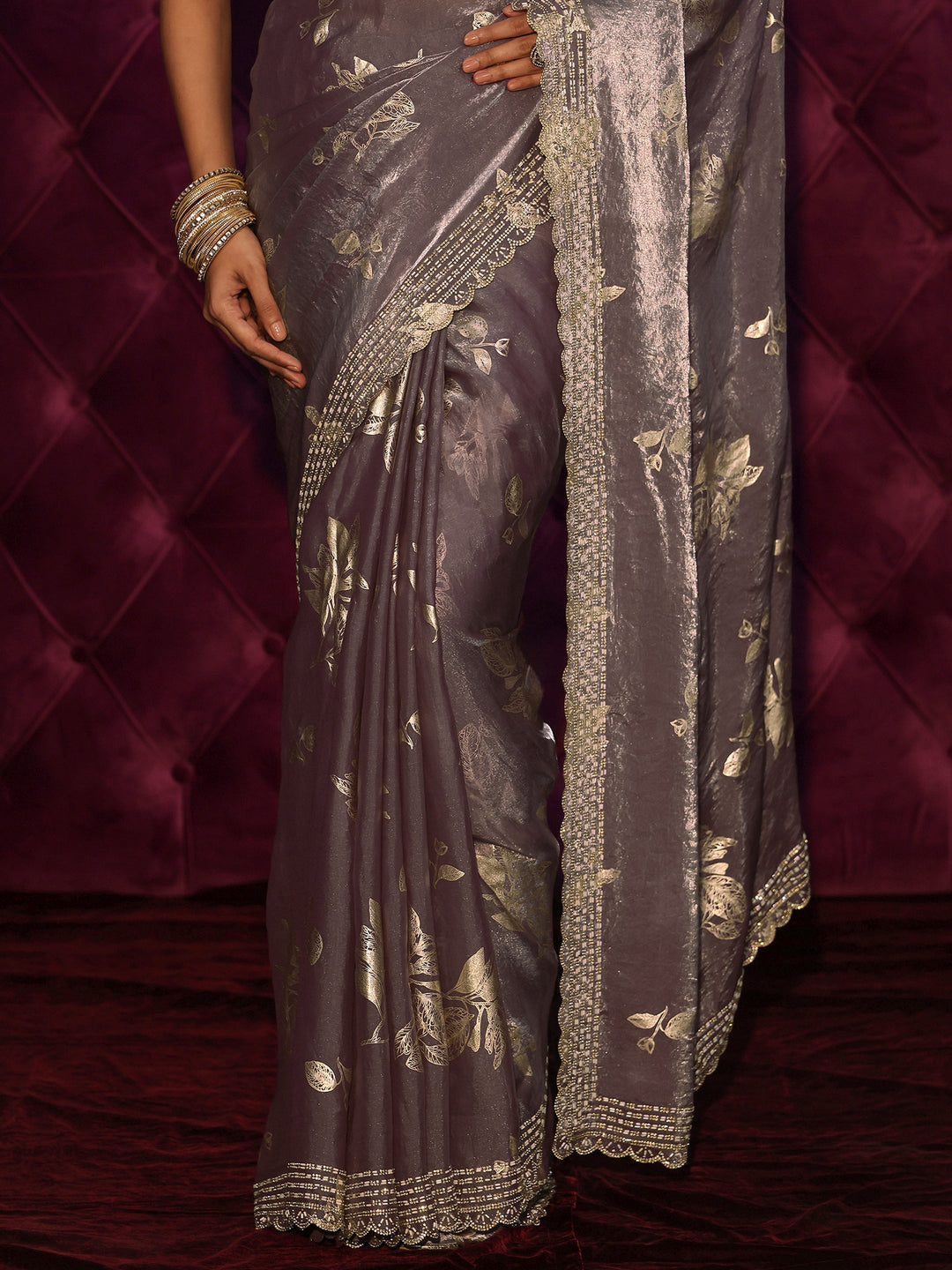 Libas Lavender Floral Printed Tissue Saree with Embellished Scalloped Border