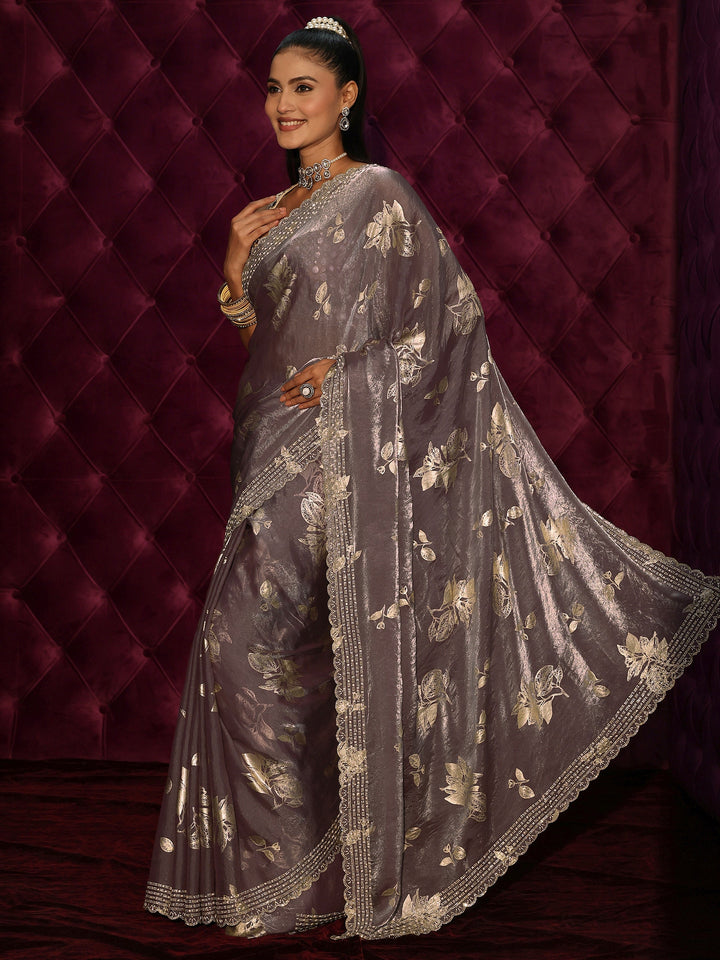 Libas Lavender Floral Printed Tissue Saree with Embellished Scalloped Border