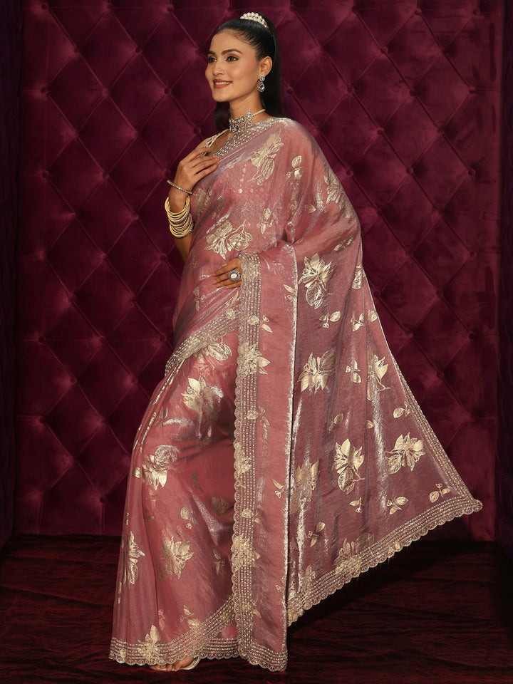 Libas Pink Floral Printed Tissue Saree with Embellished Scalloped Border