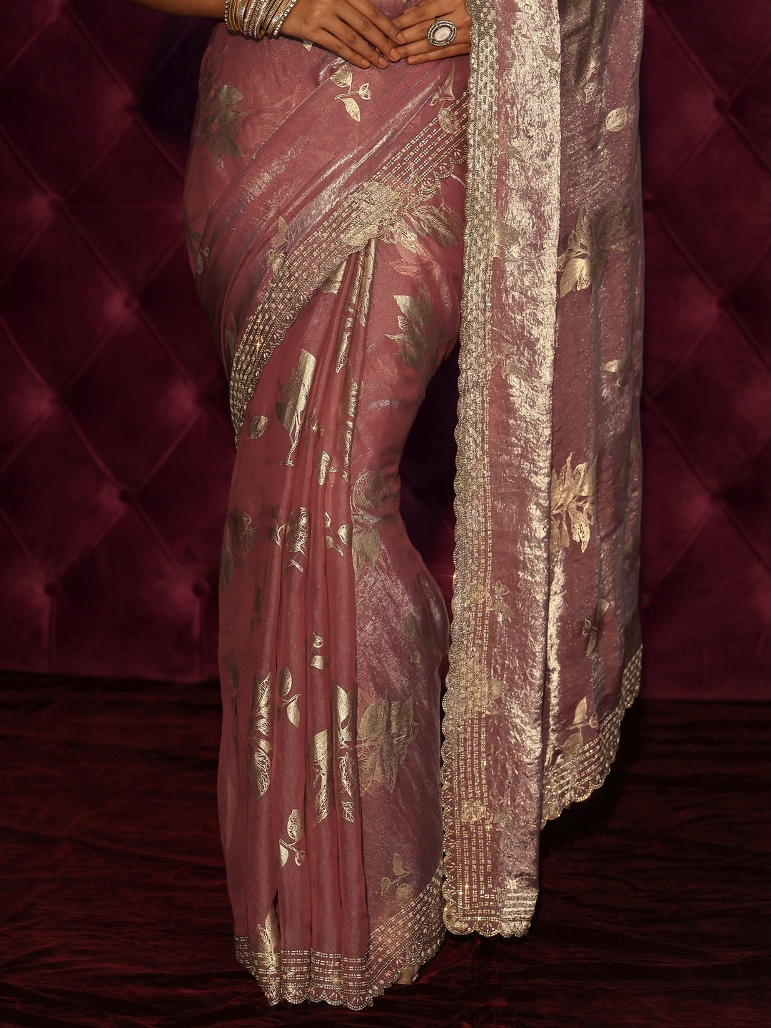 Libas Pink Floral Printed Tissue Saree with Embellished Scalloped Border