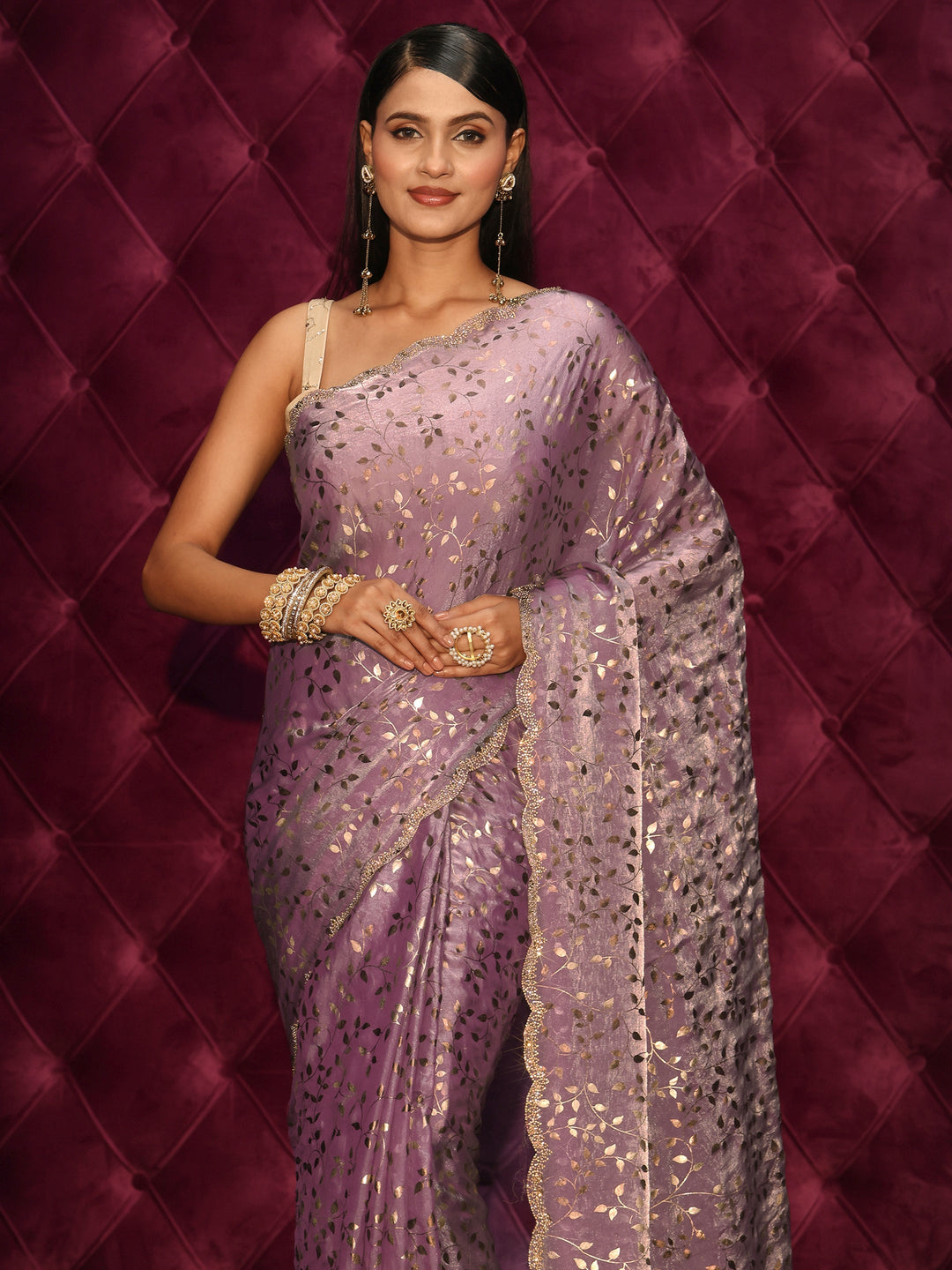 Libas Purple Leafy Foil Printed Tissue Saree with Embellished Scalloped Border