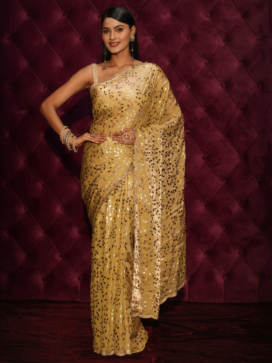 Libas Mustard Leafy Foil Printed Tissue Saree with Embellished Scalloped Border