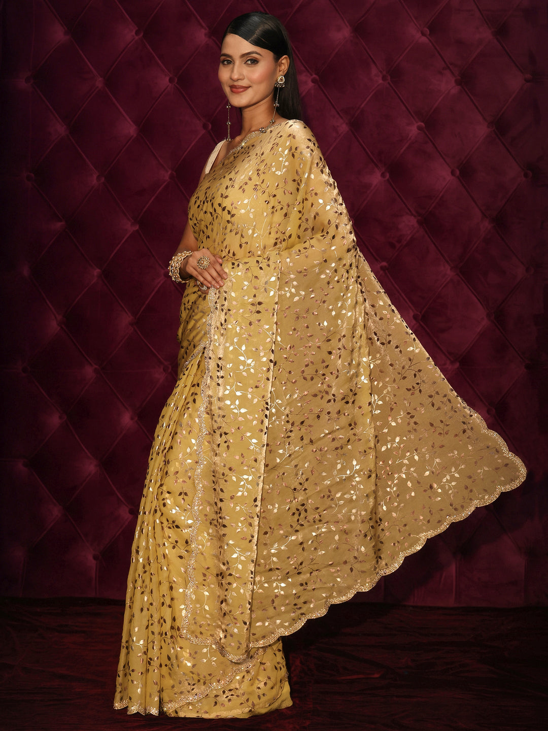 Libas Mustard Leafy Foil Printed Tissue Saree with Embellished Scalloped Border