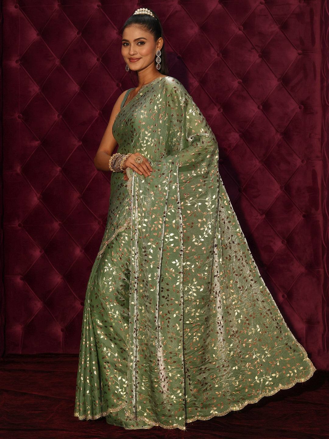 Libas Green Leafy Foil Printed Tissue Saree with Embellished Scalloped Border