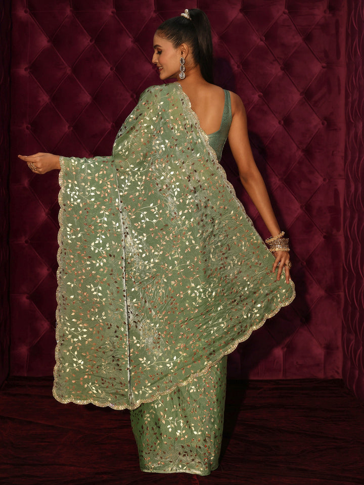 Libas Green Leafy Foil Printed Tissue Saree with Embellished Scalloped Border