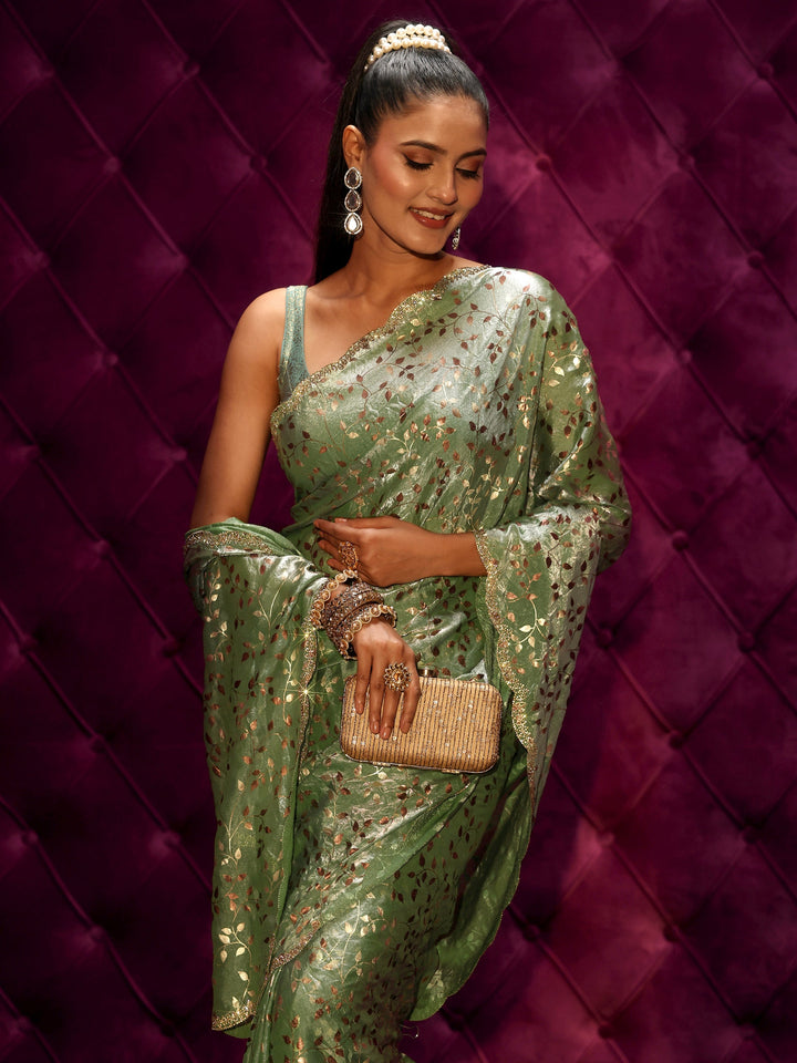 Libas Green Leafy Foil Printed Tissue Saree with Embellished Scalloped Border