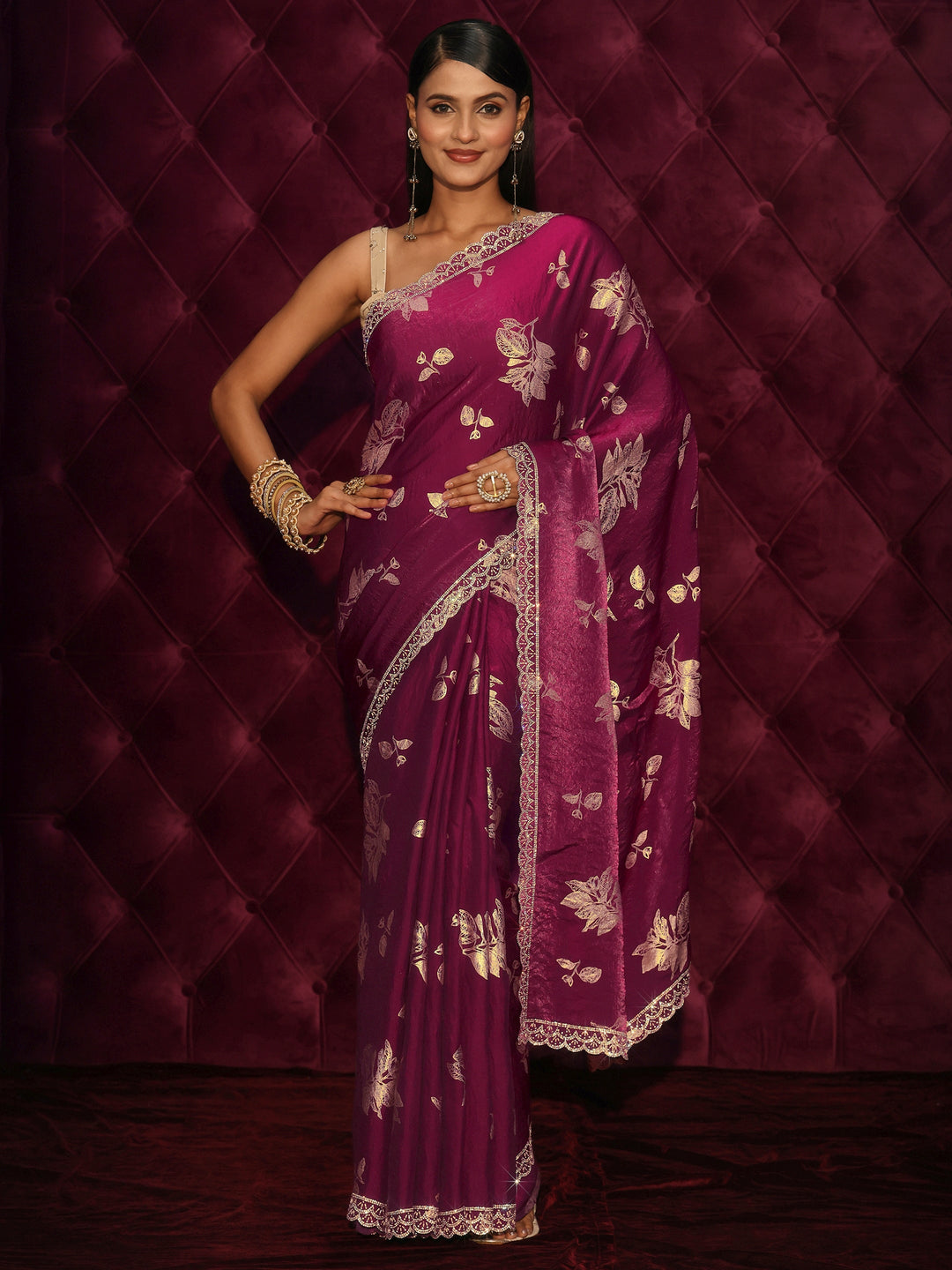 Libas Wine Floral Printed Tissue Saree with Embellished Scalloped Border