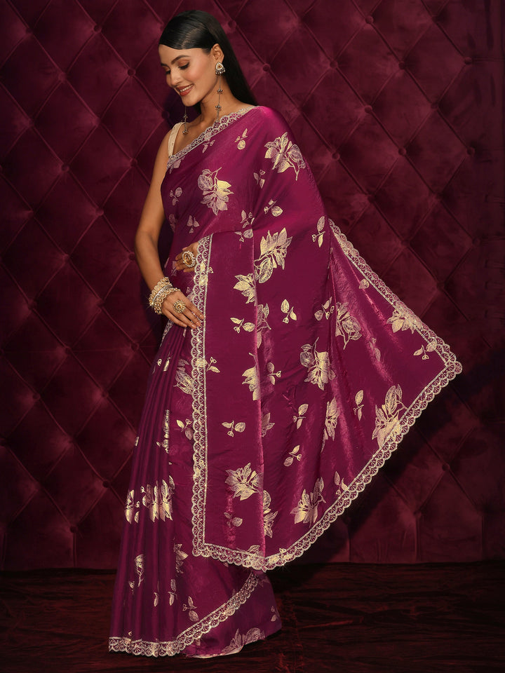 Libas Wine Floral Printed Tissue Saree with Embellished Scalloped Border