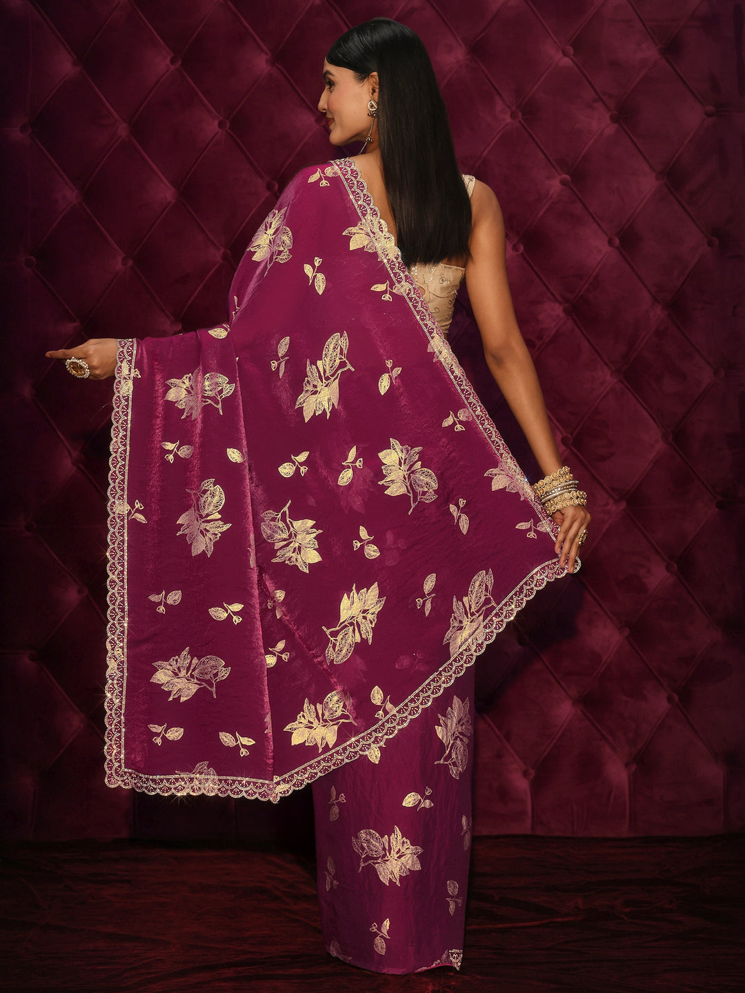 Libas Wine Floral Printed Tissue Saree with Embellished Scalloped Border