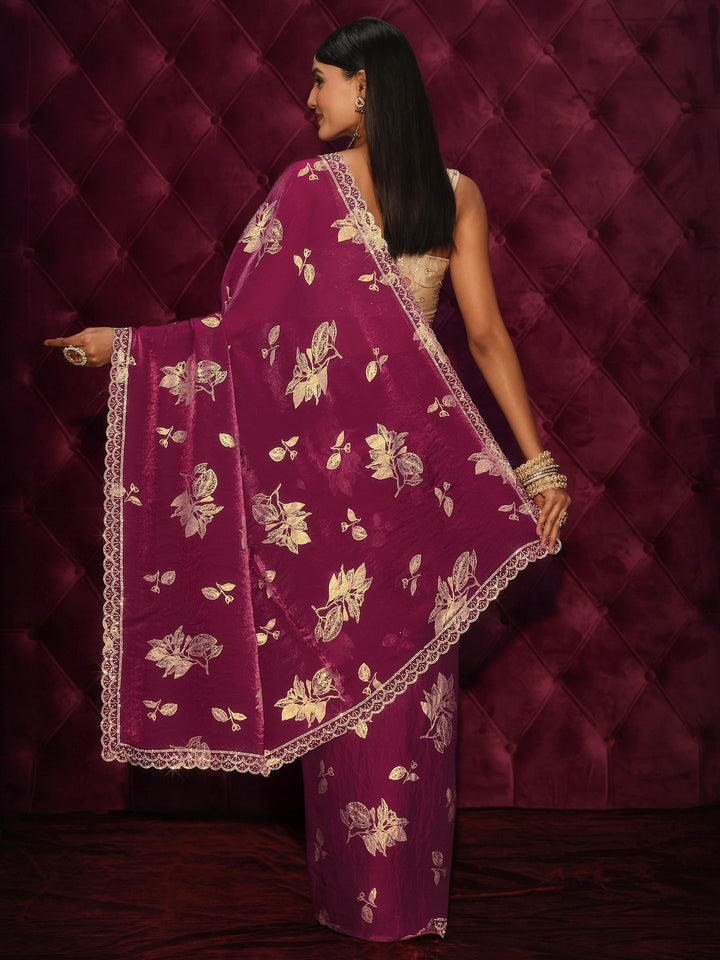 Libas Wine Floral Printed Tissue Saree with Embellished Scalloped Border