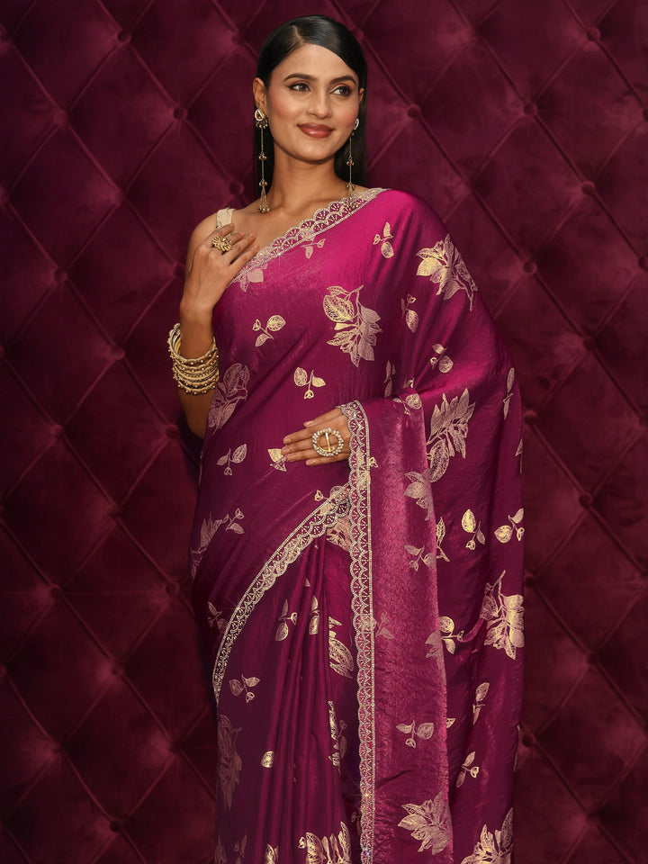 Libas Wine Floral Printed Tissue Saree with Embellished Scalloped Border