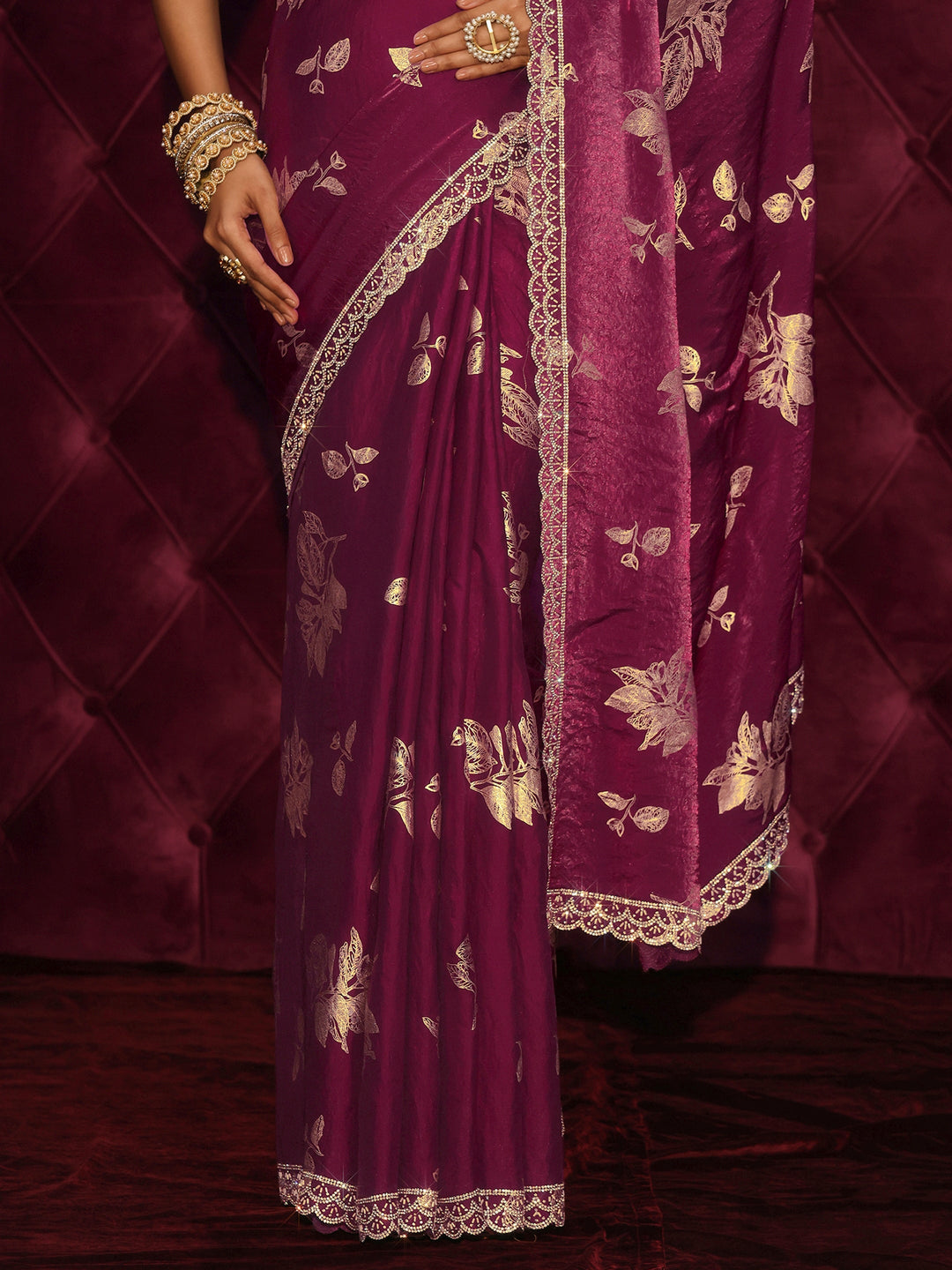 Libas Wine Floral Printed Tissue Saree with Embellished Scalloped Border
