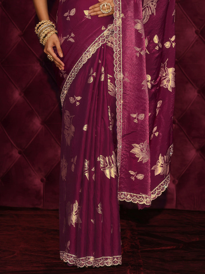 Libas Wine Floral Printed Tissue Saree with Embellished Scalloped Border