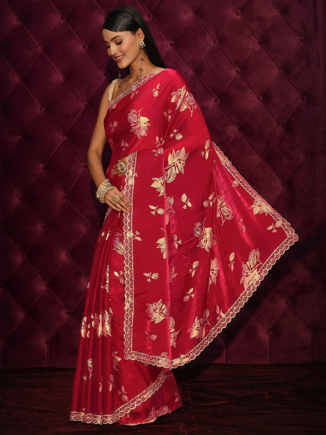 Libas Red Floral Printed Tissue Saree with Embellished Scalloped Border