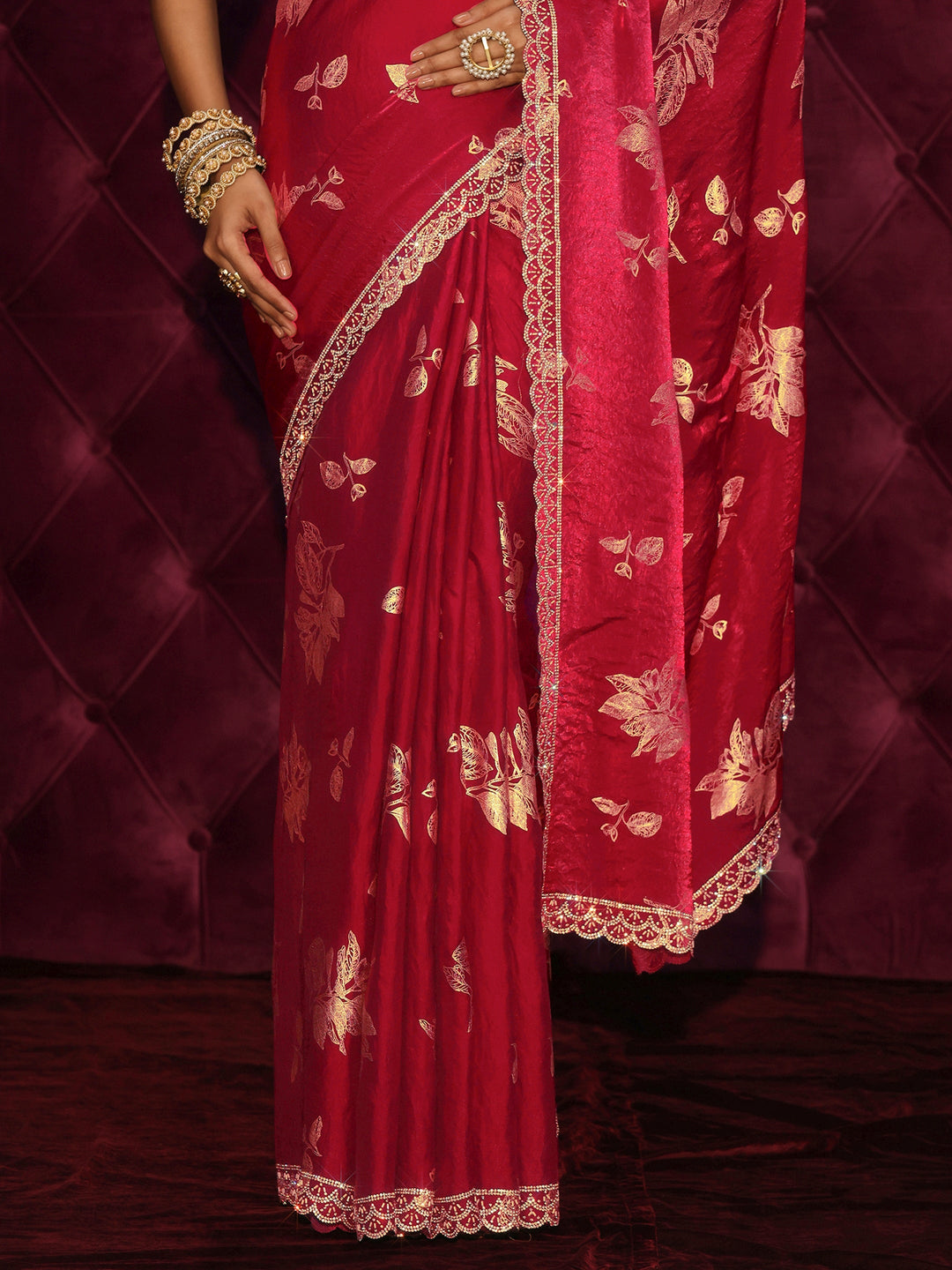 Libas Red Floral Printed Tissue Saree with Embellished Scalloped Border