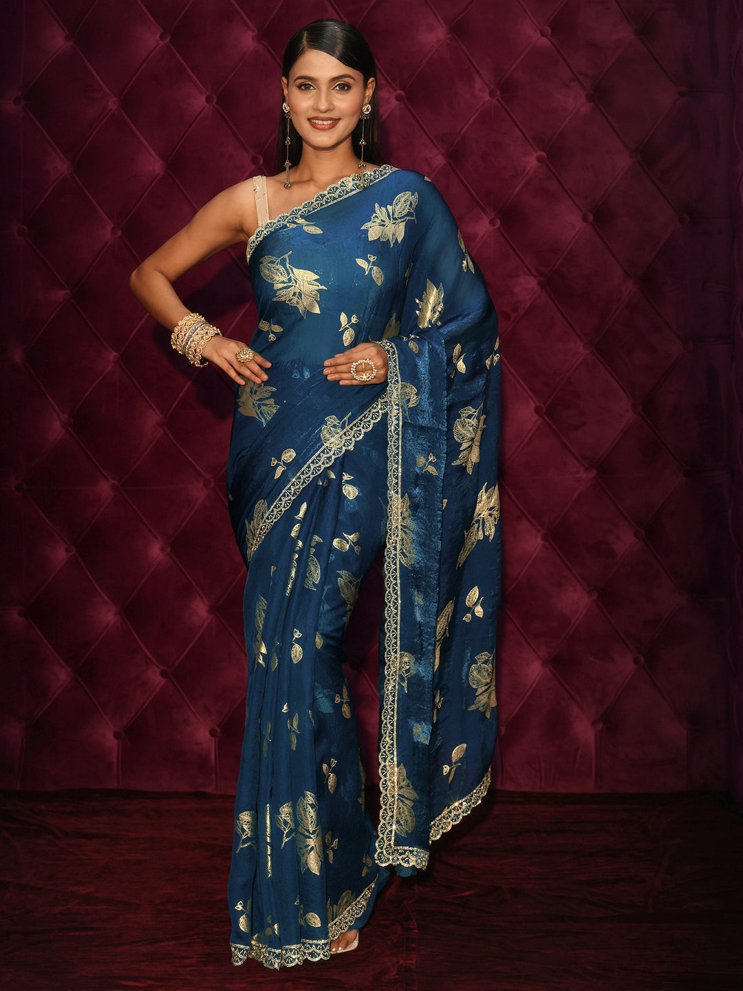 Libas Blue Floral Printed Tissue Saree with Embellished Scalloped Border