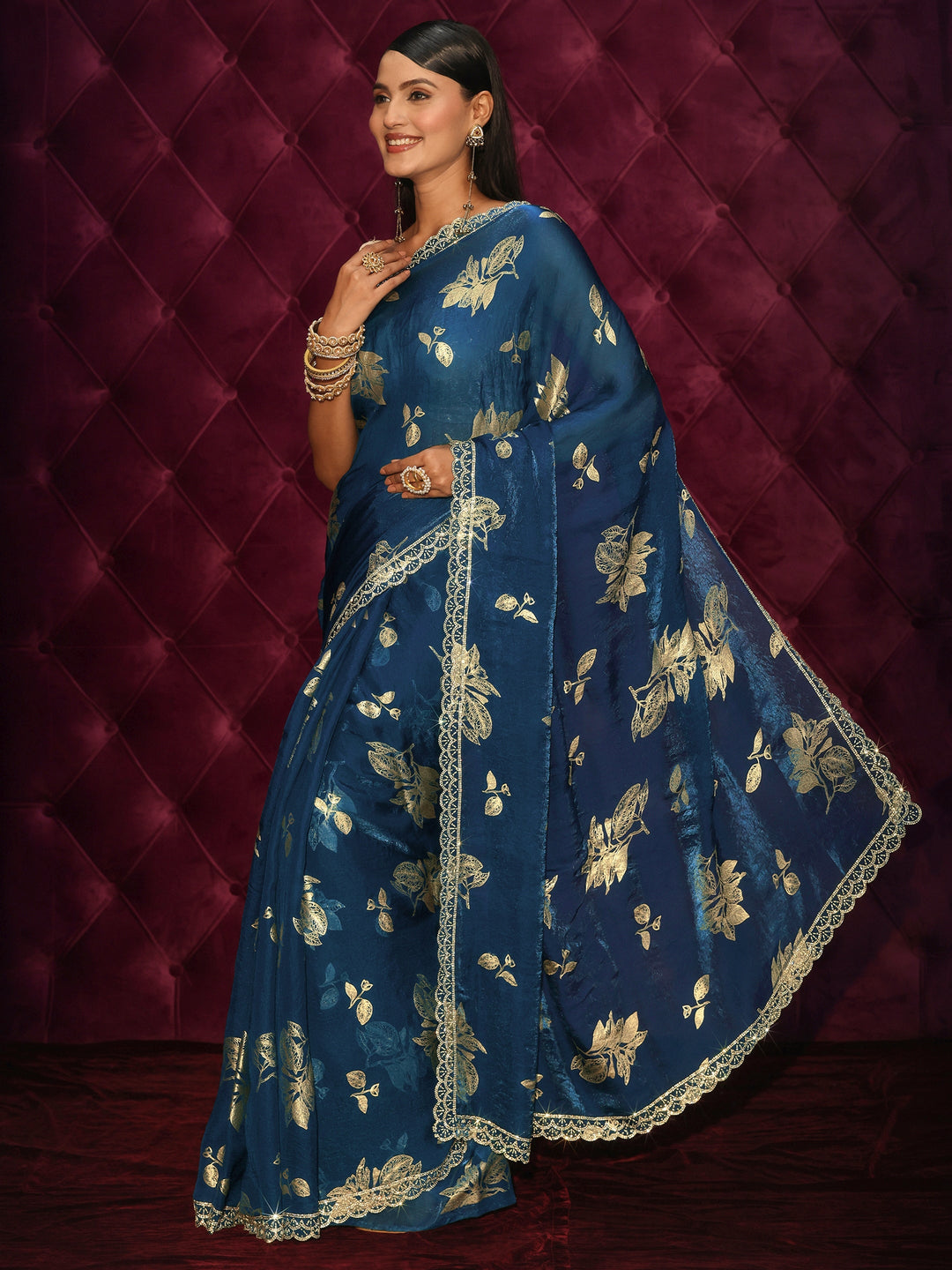 Libas Blue Floral Printed Tissue Saree with Embellished Scalloped Border