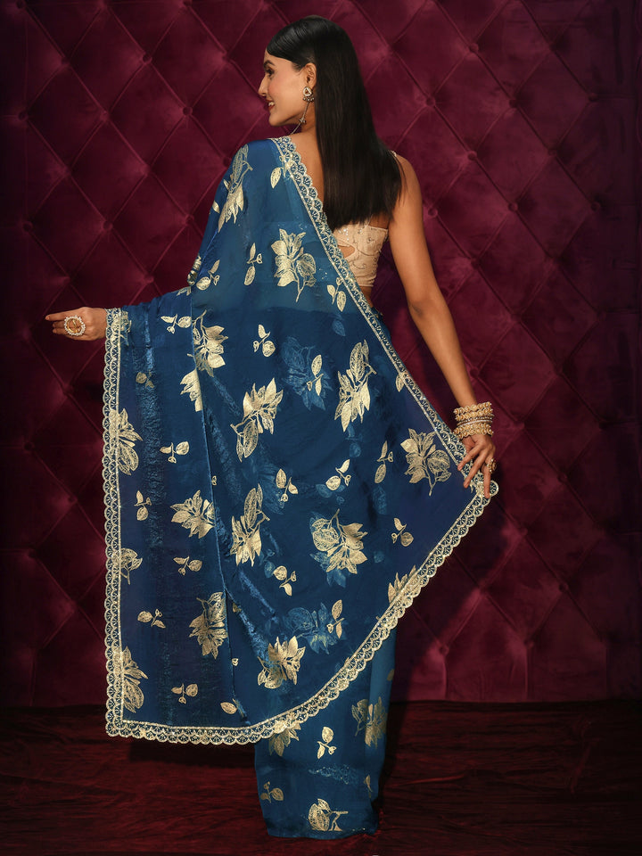 Libas Blue Floral Printed Tissue Saree with Embellished Scalloped Border