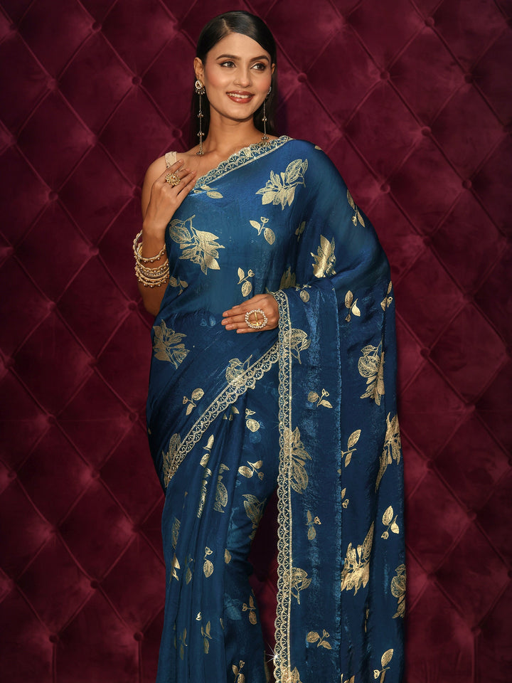 Libas Blue Floral Printed Tissue Saree with Embellished Scalloped Border