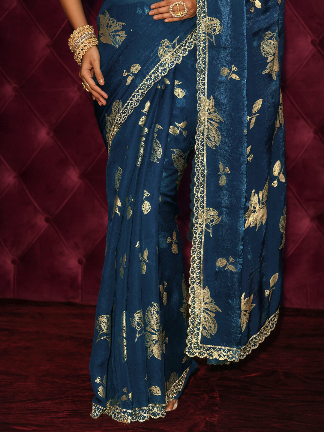 Libas Blue Floral Printed Tissue Saree with Embellished Scalloped Border
