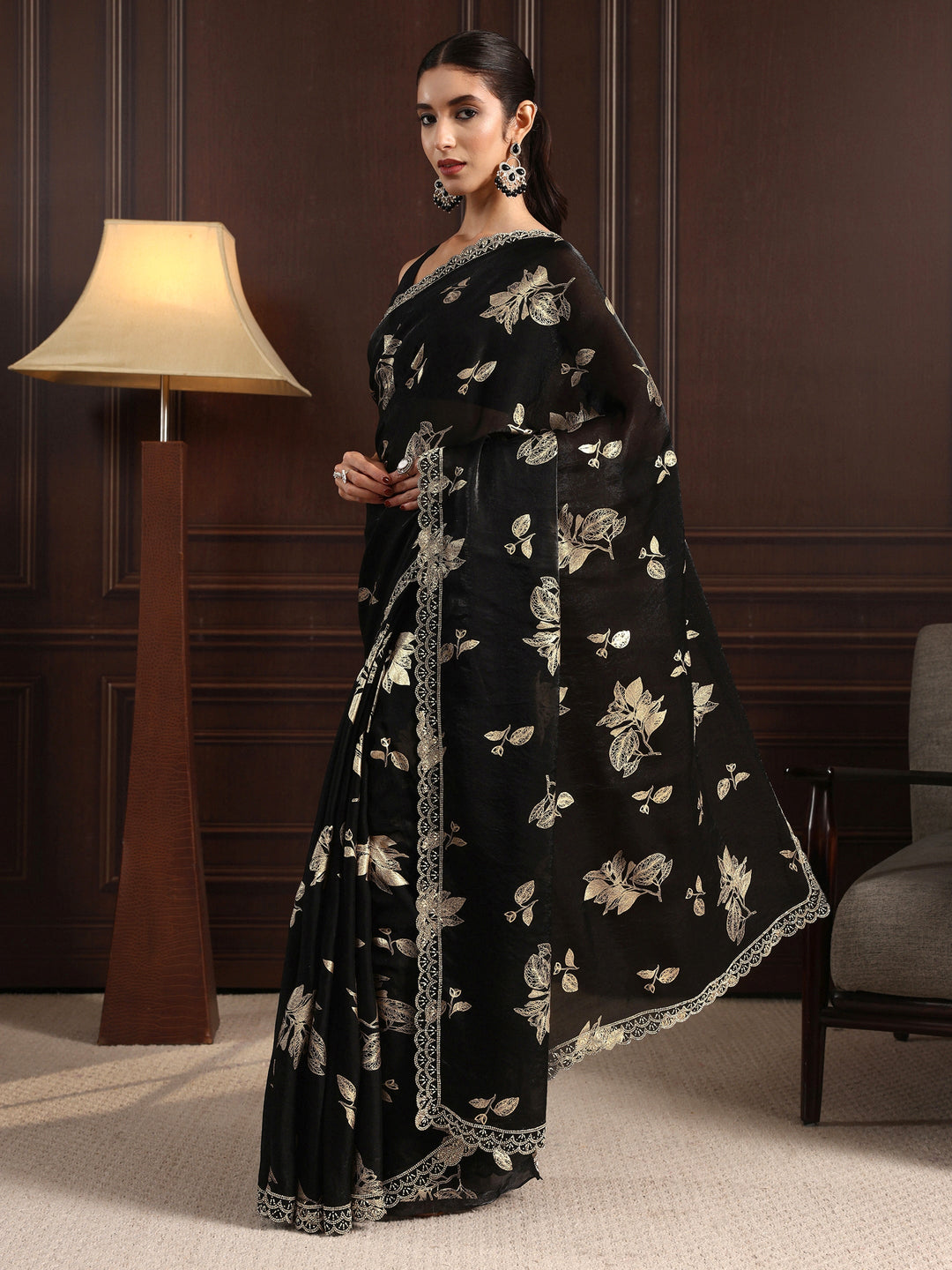 Libas Black Floral Printed Tissue Saree with Embellished Border