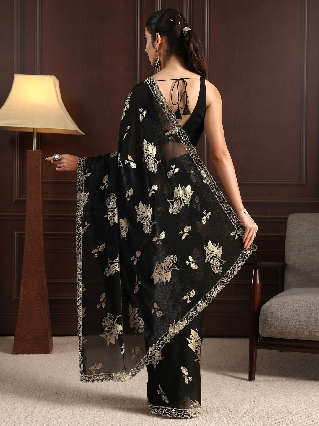 Libas Black Floral Printed Tissue Saree with Embellished Border