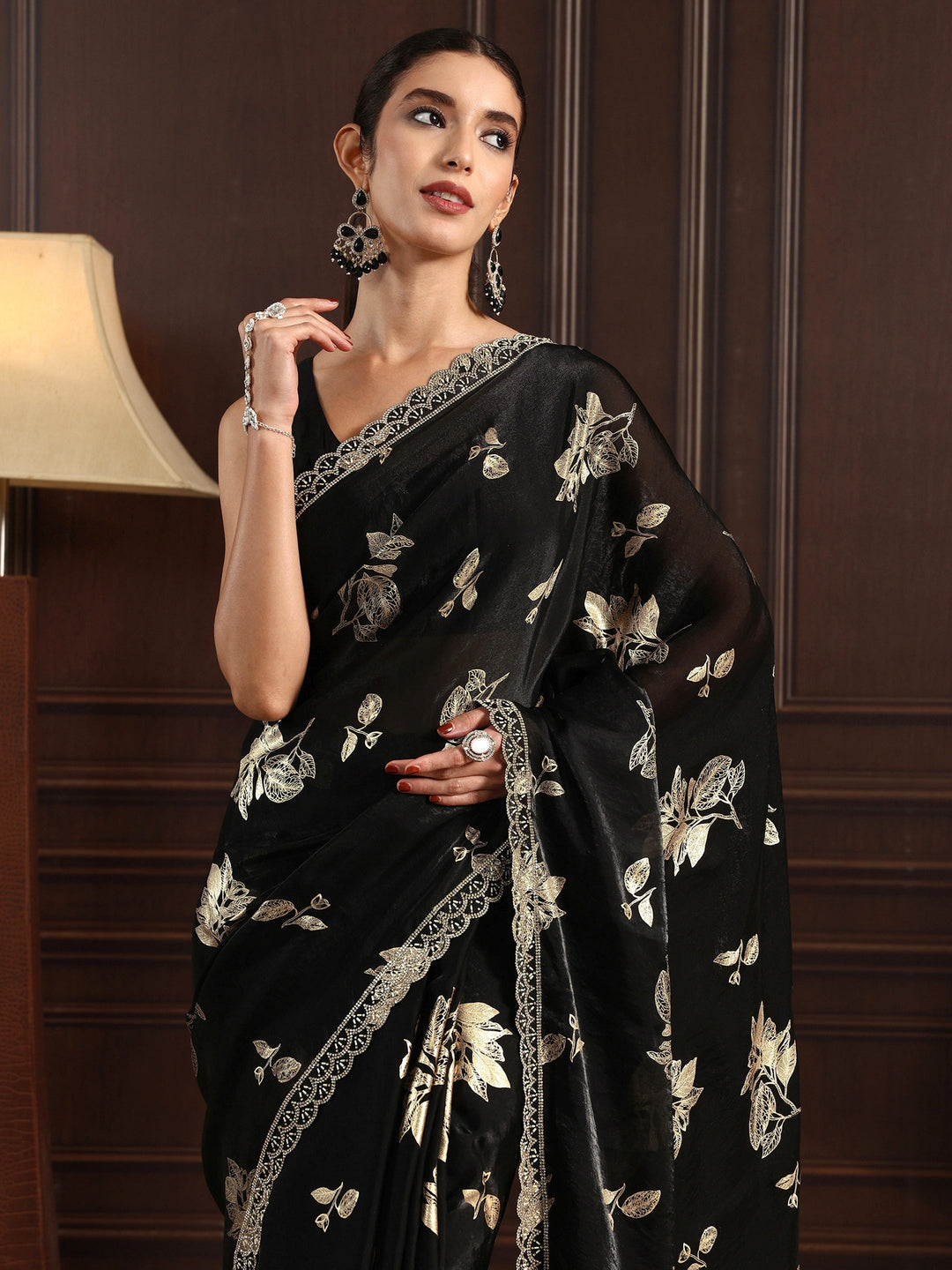 Libas Black Floral Printed Tissue Saree with Embellished Border