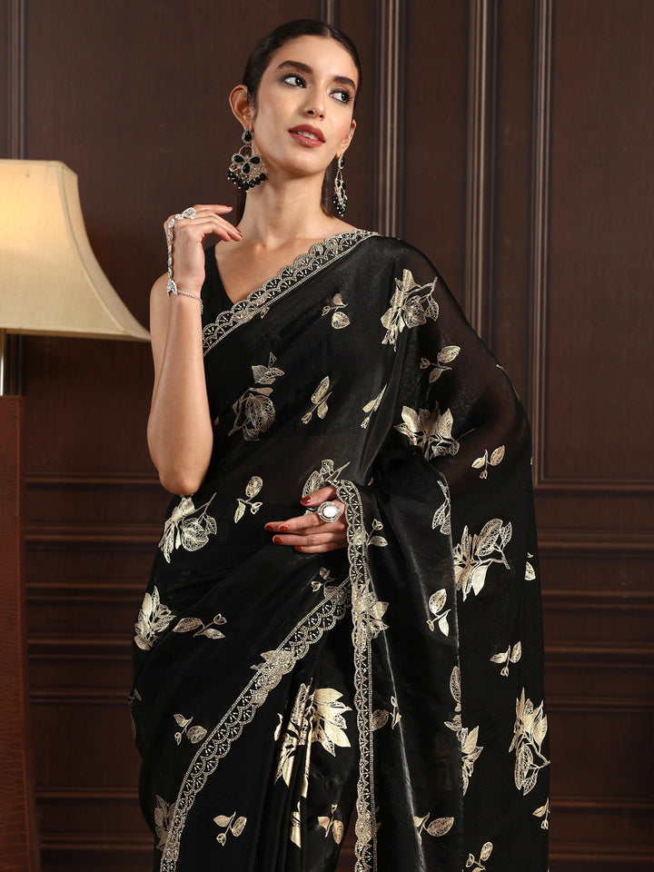 Libas Black Floral Printed Tissue Saree with Embellished Border
