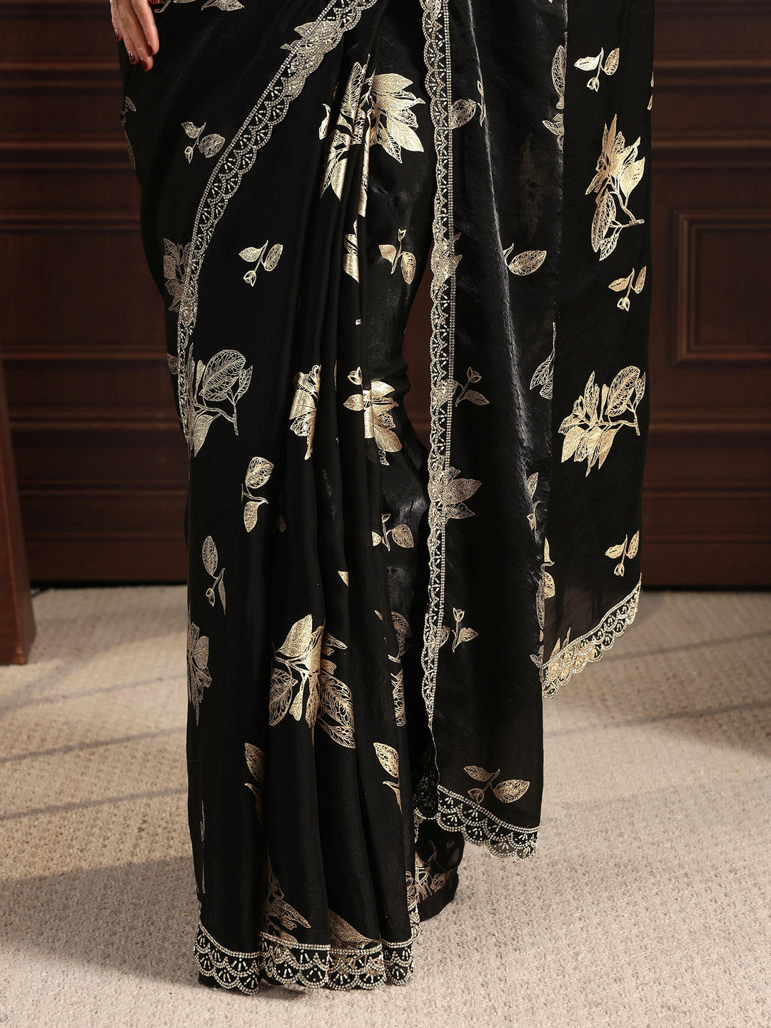 Libas Black Floral Printed Tissue Saree with Embellished Border