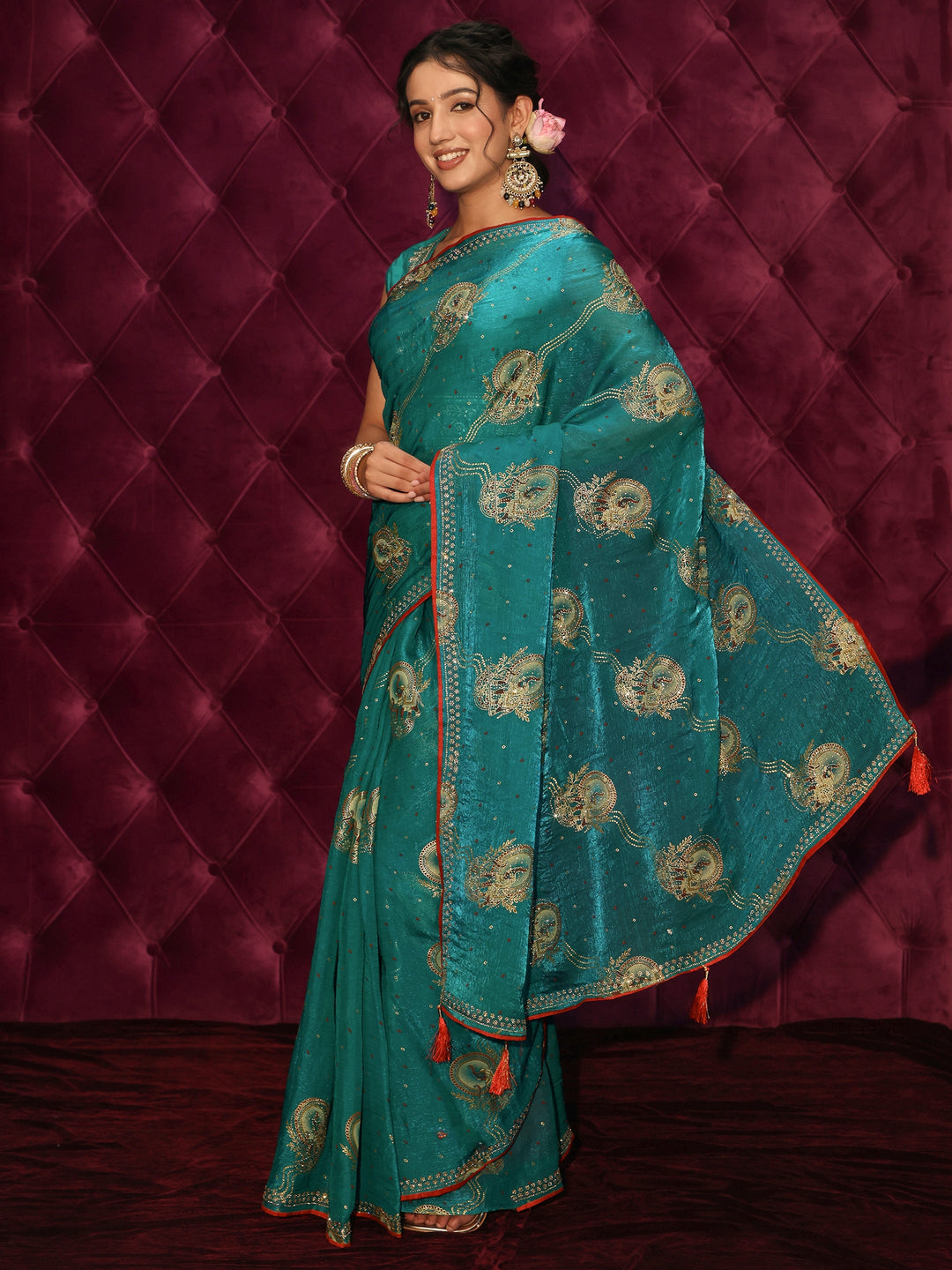 Libas Blue Elephant Motif Printed Tissue Saree with Stone Work