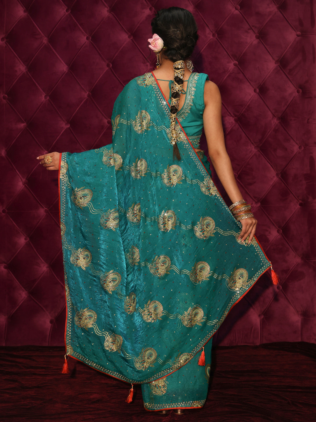 Libas Blue Elephant Motif Printed Tissue Saree with Stone Work