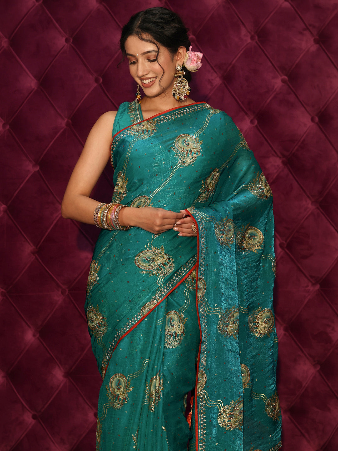 Libas Blue Elephant Motif Printed Tissue Saree with Stone Work