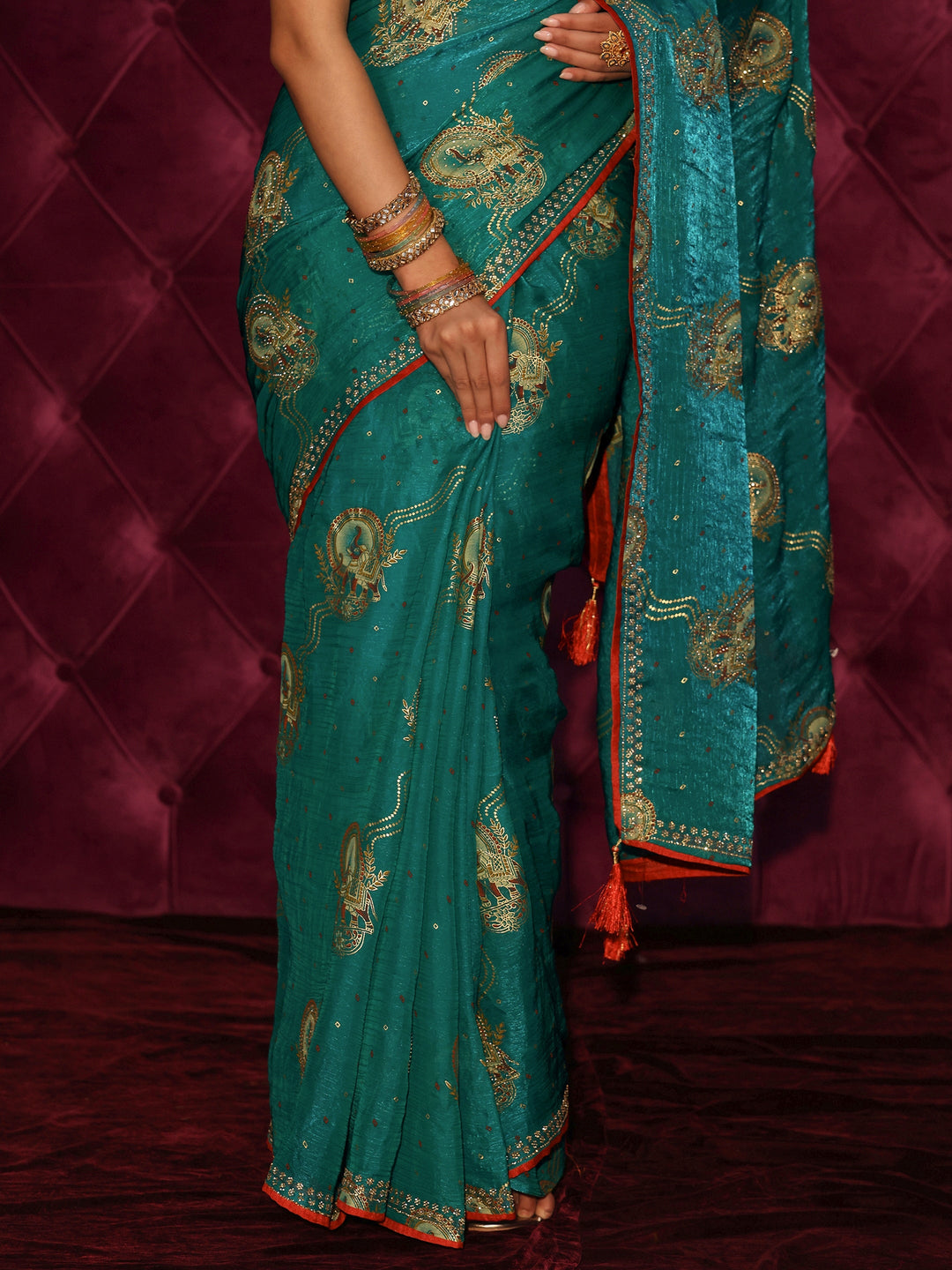 Libas Blue Elephant Motif Printed Tissue Saree with Stone Work