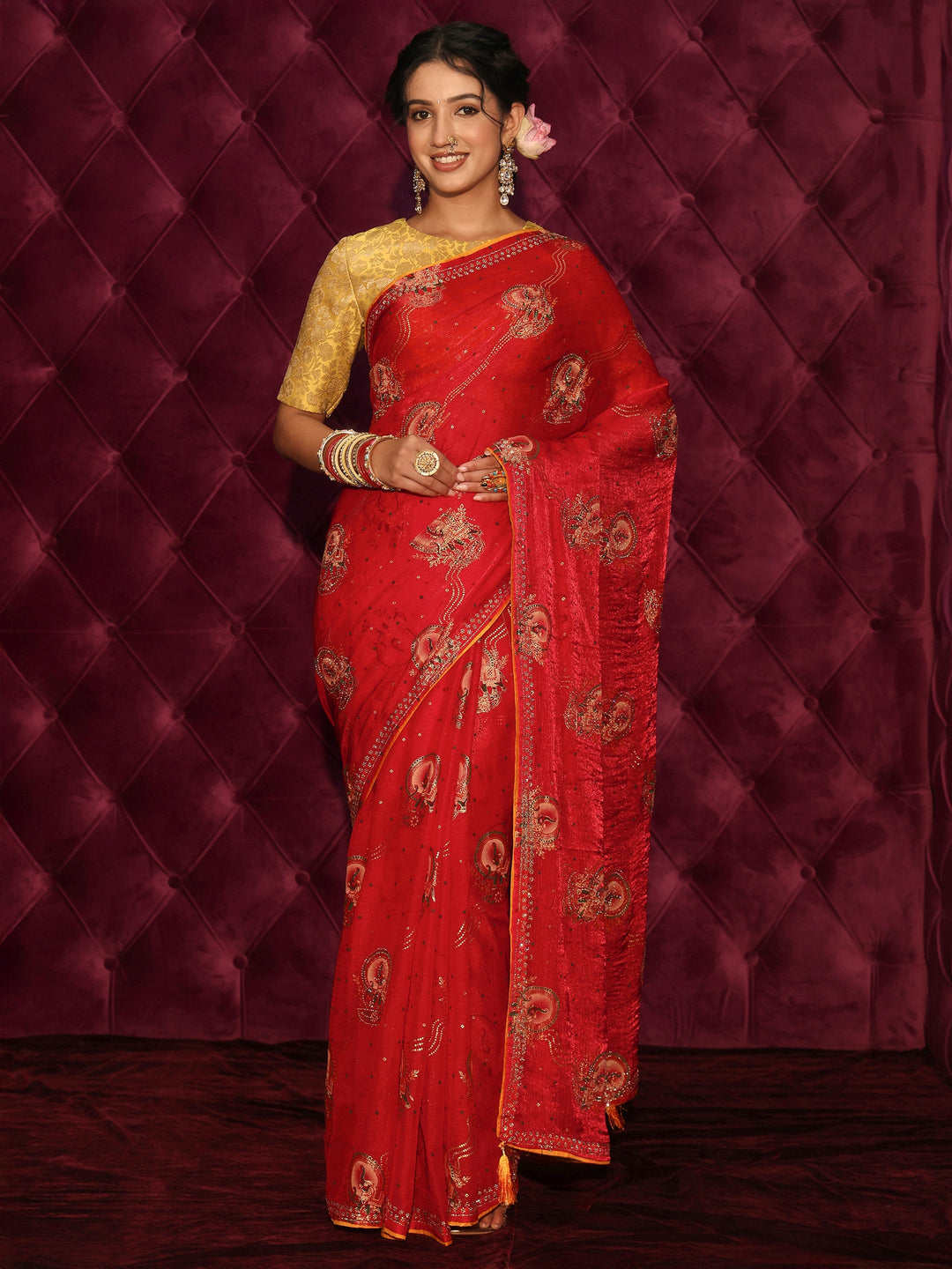 Libas Red Elephant Motif Printed Tissue Saree with Stone Work