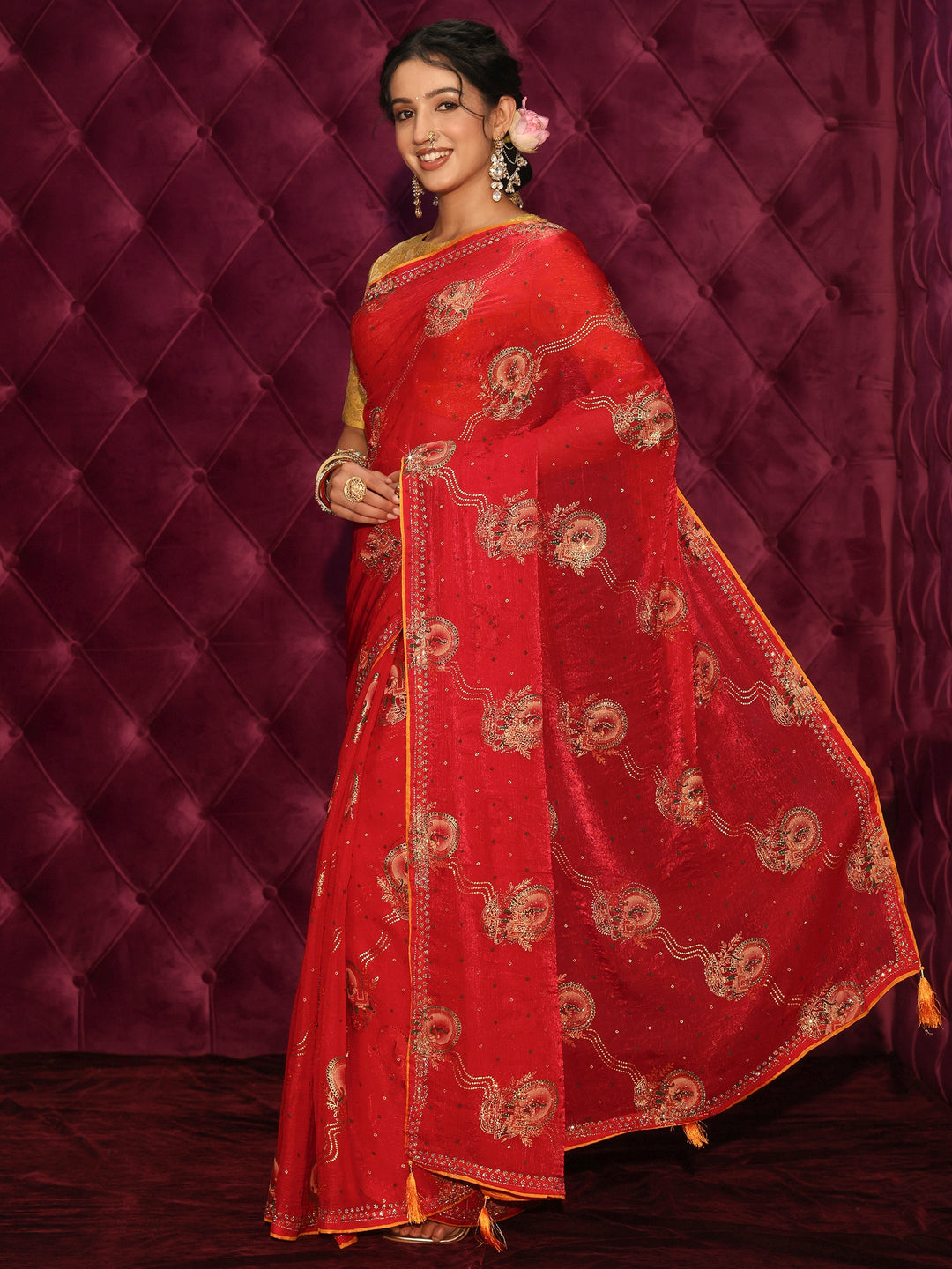 Libas Red Elephant Motif Printed Tissue Saree with Stone Work