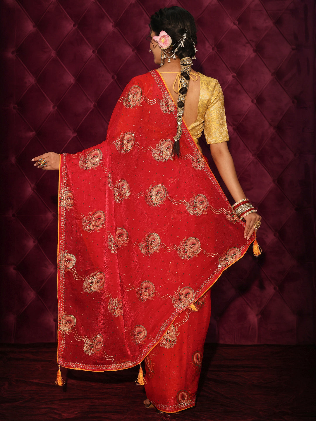Libas Red Elephant Motif Printed Tissue Saree with Stone Work