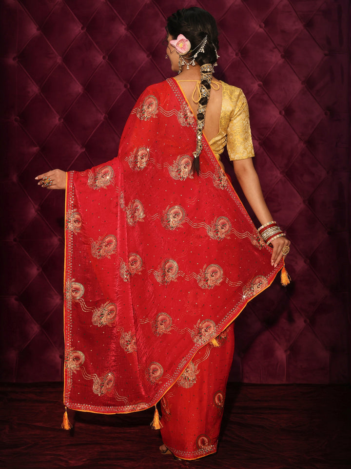 Libas Red Elephant Motif Printed Tissue Saree with Stone Work