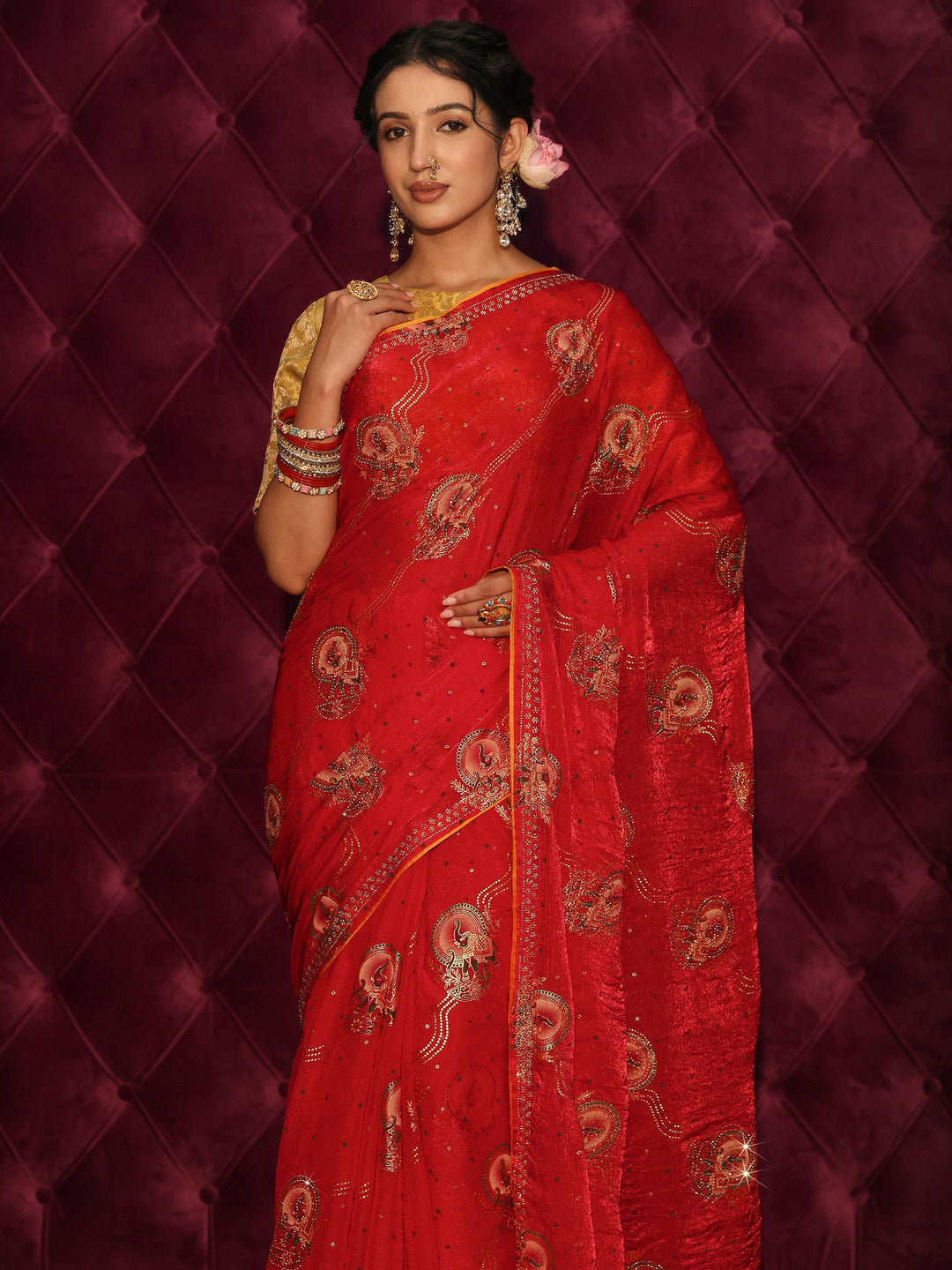 Libas Red Elephant Motif Printed Tissue Saree with Stone Work