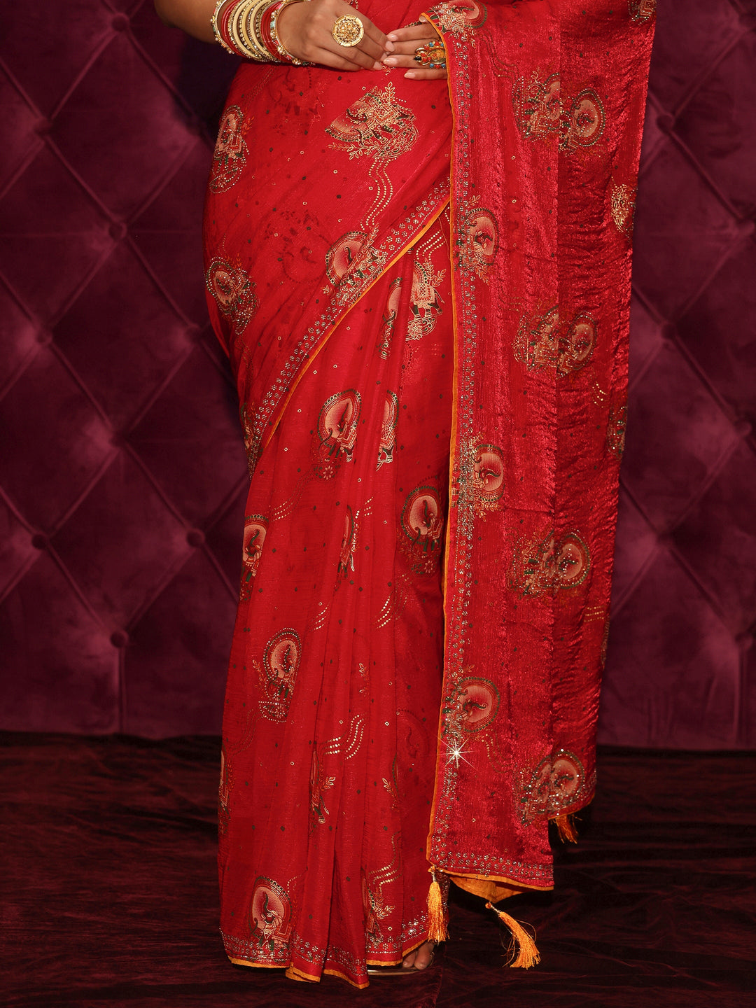 Libas Red Elephant Motif Printed Tissue Saree with Stone Work