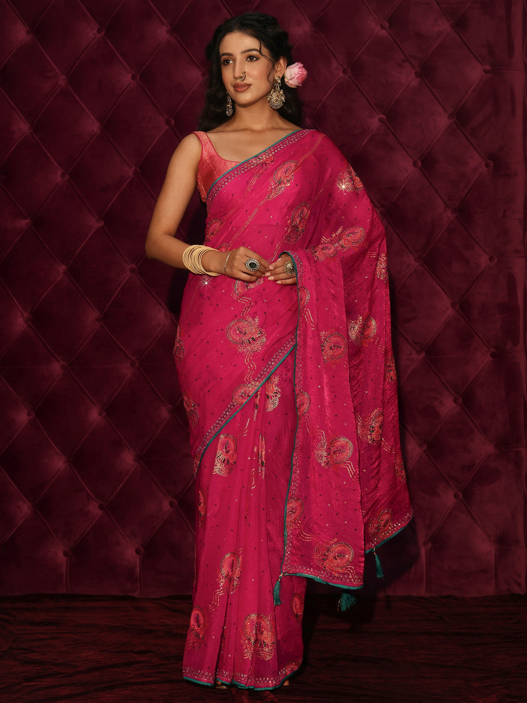 Libas Pink Elephant Motif Printed Tissue Saree with Stone Work